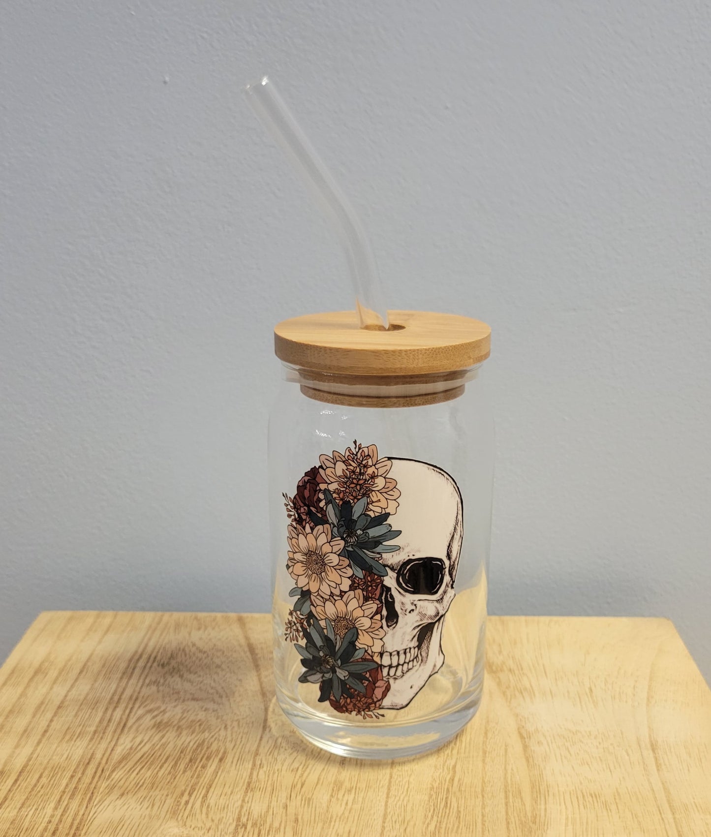 Floral Skull Can Glass