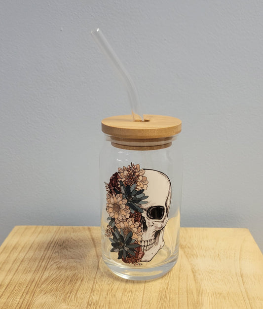 Floral Skull Can Glass