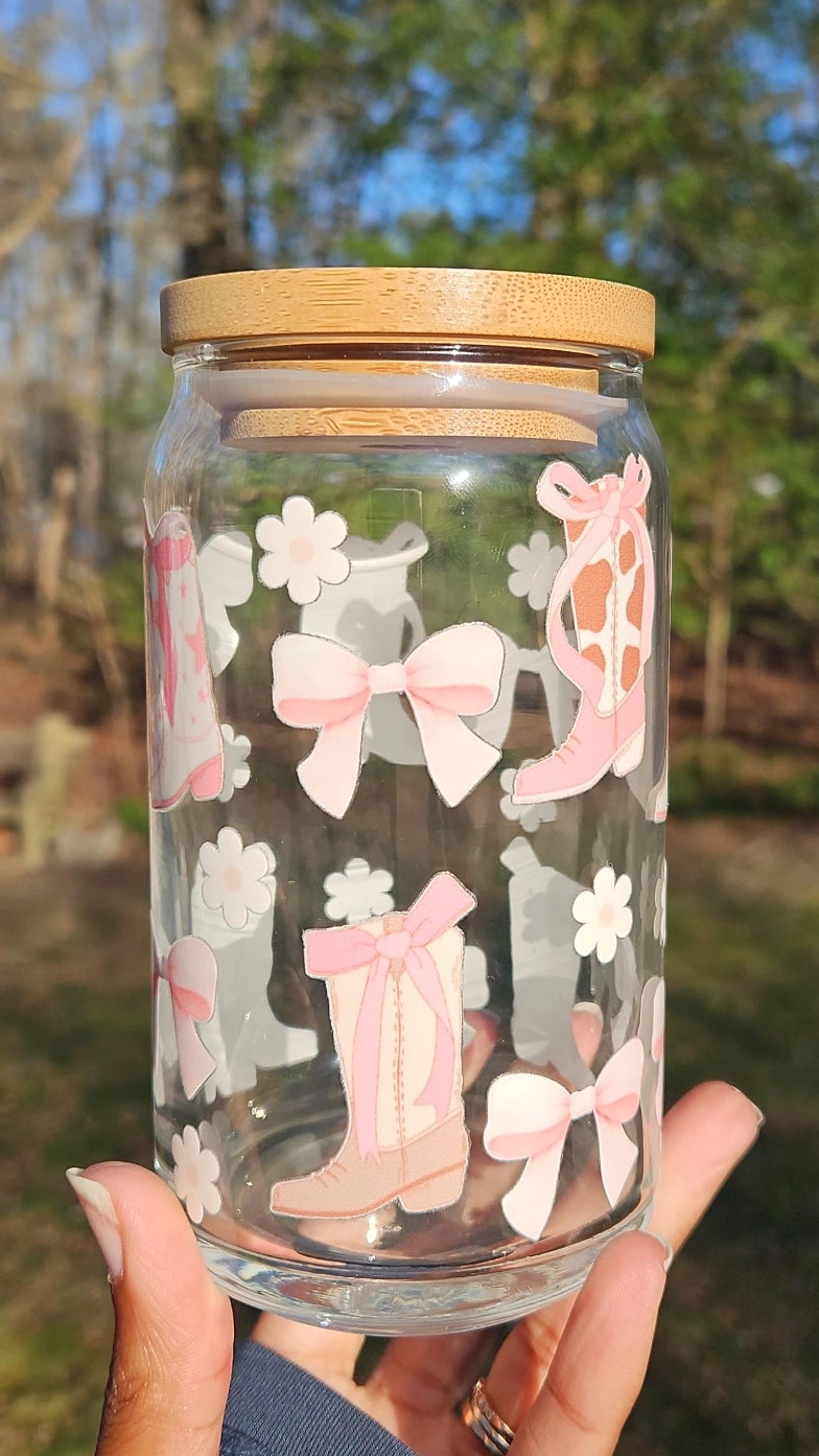 Pink Boots and Bows Can Glass