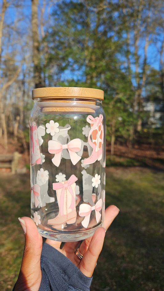 Pink Boots and Bows Can Glass