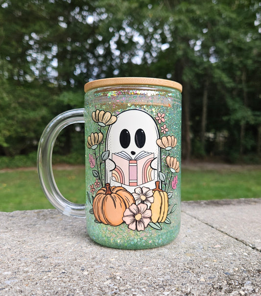 Reading Ghost Glitter Globe Glass Mug