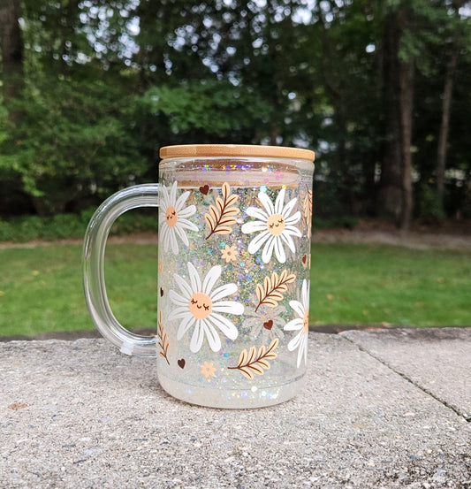 White Daisies Glitter Globe Glass Mug