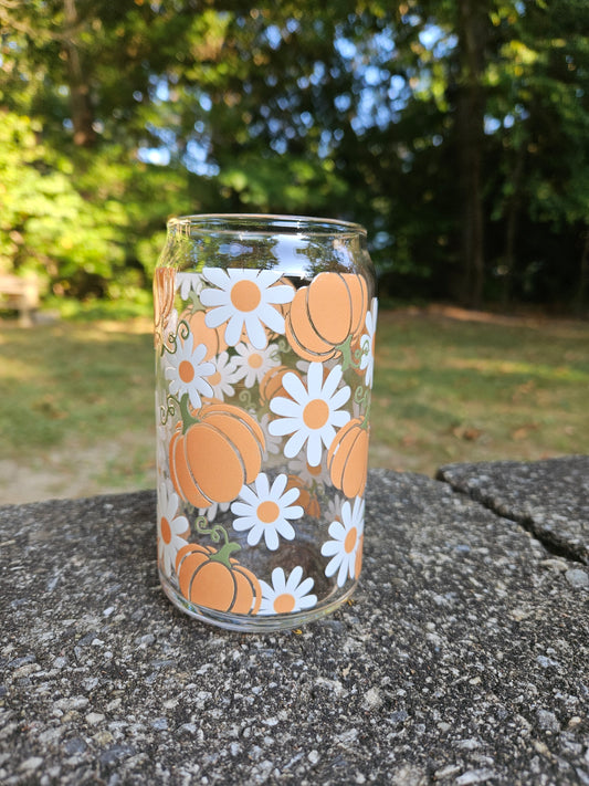 Pumpkins & Flowers Can Glass