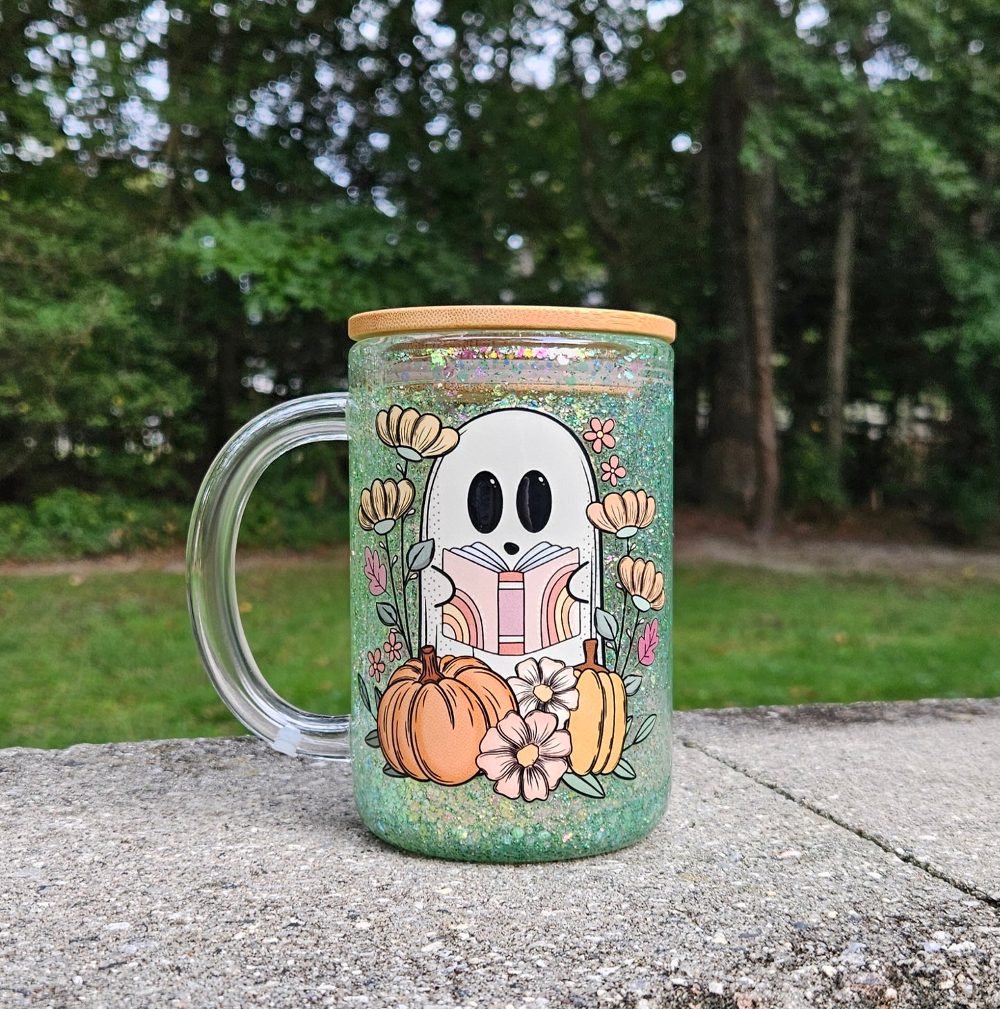 Reading Ghost Glitter Globe Glass Mug