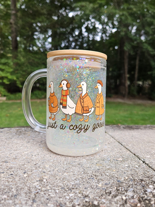 Cozy Goose Glitter Globe Glass Mug